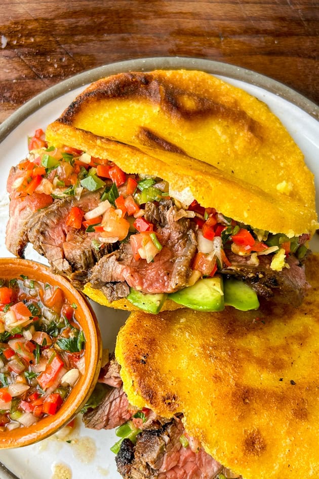 Mojo Steak Arepas with Salsa Criolla