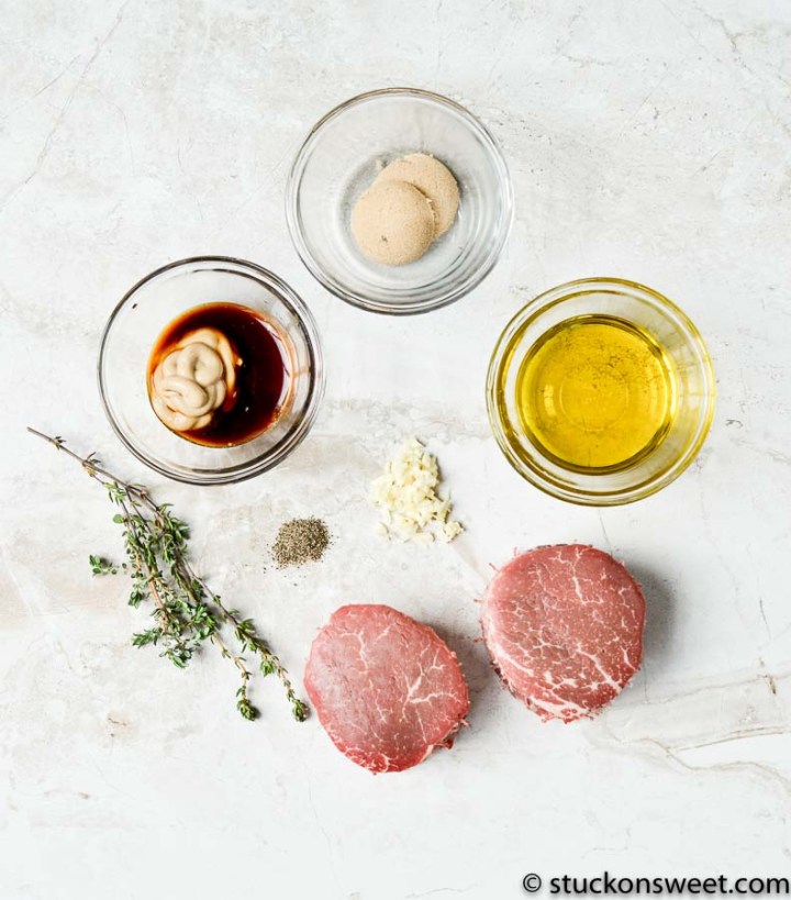 steak marinade ingredients on white background