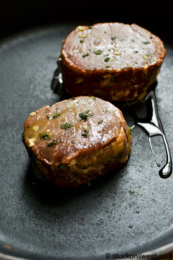 filet mignons in cast iron skillet