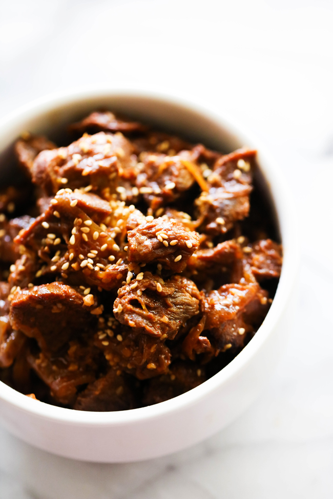 Korean Beef Bulgogi in a white bowl.