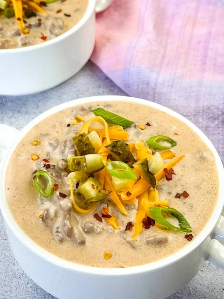 keto cheeseburger soup in a white bowl