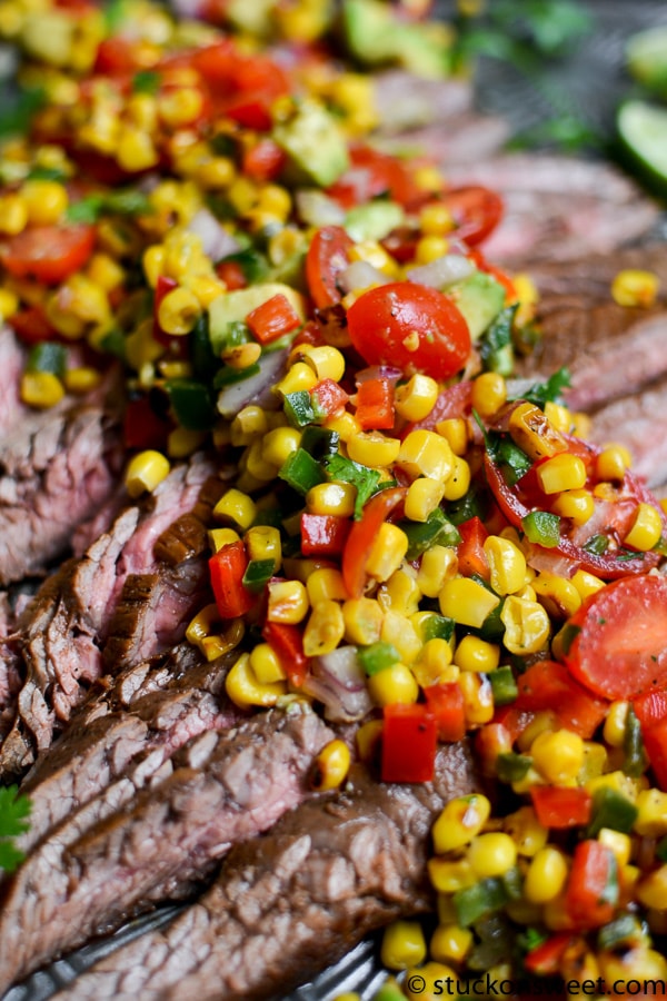 Grilled Flank steak with corn salsa