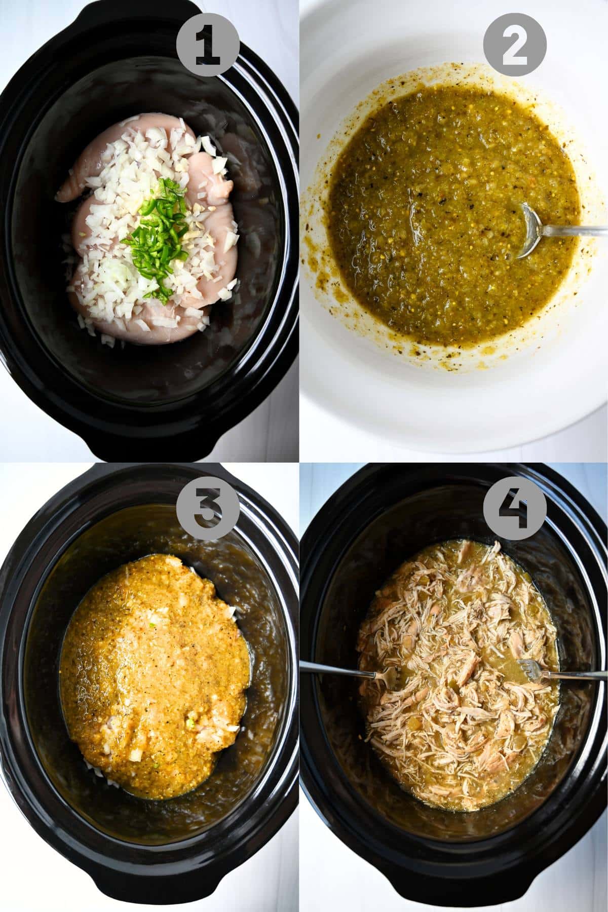 Step-by-step visuals for preparing salsa verde chicken in a slow cooker: adding ingredients to the crockpot, mixing sauce, pouring, and cooking the shredded chicken