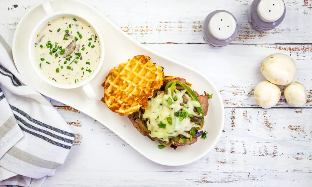 keto philly cheesesteak chaffle sandwich