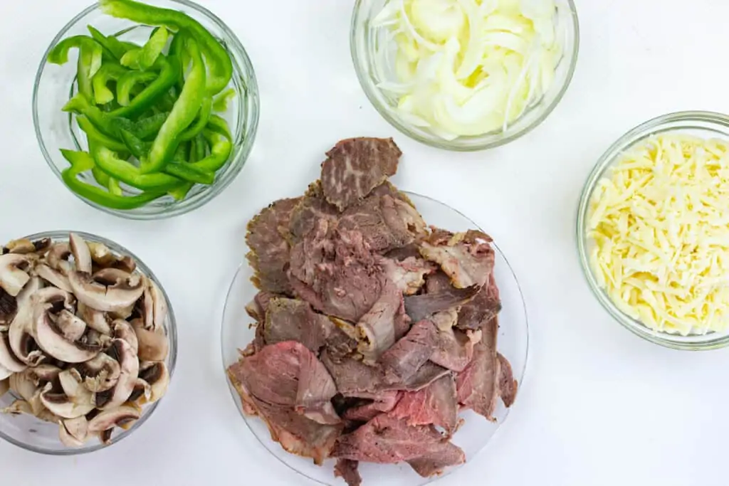 prepped ingredients to make keto philly cheesesteak chaffles