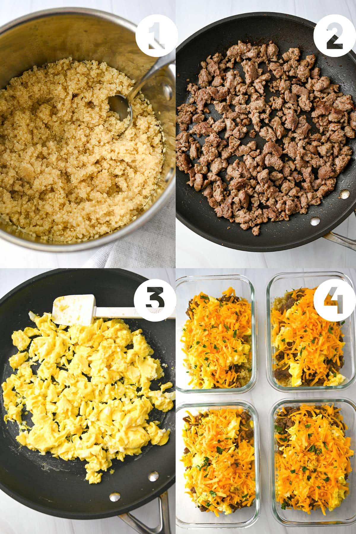 Process of preparing protein quinoa bowls: cooked quinoa in a pot, sautéed sausage, scrambled eggs, and assembled bowls in glass containers.