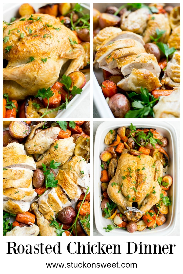 Roasted Chicken Dinner is a one pan meal that is easy, healthy and delicious. This is a perfect weeknight recipe! #stuckonsweet #chicken #recipe #weeknightmeal