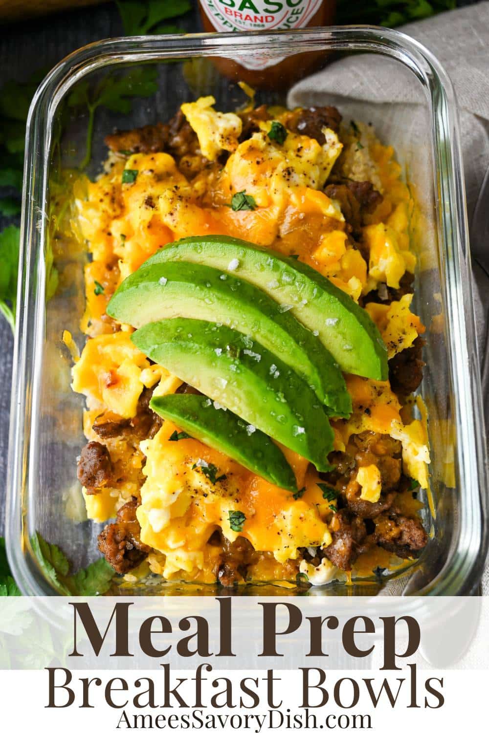 Savory turkey sausage, fluffy scrambled eggs, sharp cheddar cheese, and creamy avocado served over a bed of quinoa – ideal for meal prepping! via @Ameessavorydish